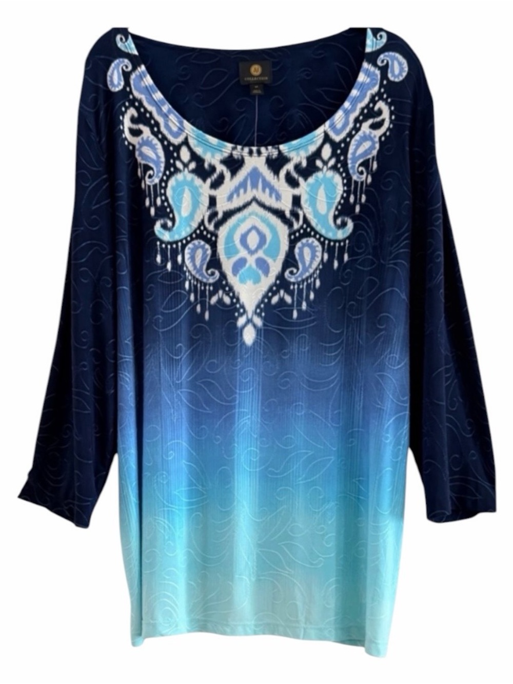 JM Collection Gradient Blue Ombre Ikat Jacquard Top Plus Size 2X NWT